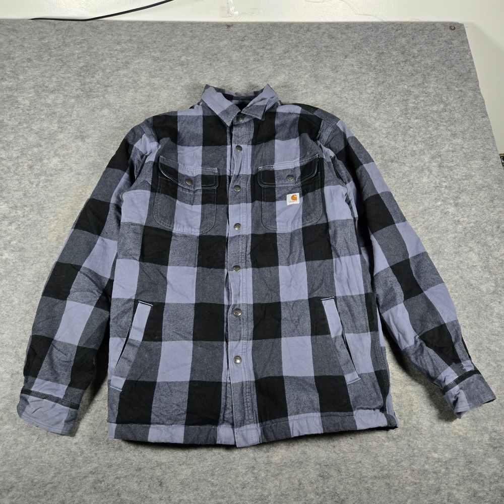 Carhartt Mens Grey Buffalo Plaid Sherpa Lined Flannel Shirt Jacket Size M